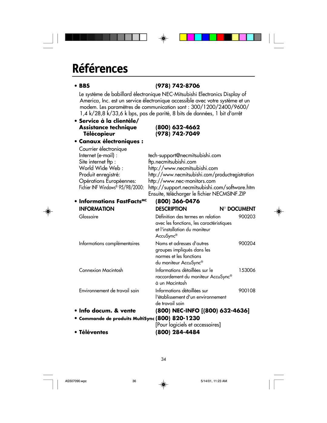 NEC AccuSync 90, AccuSync 70 Références, Informations FastFacts MC 800, Info docum. & vente NEC-INFO 800, Téléventes 800 