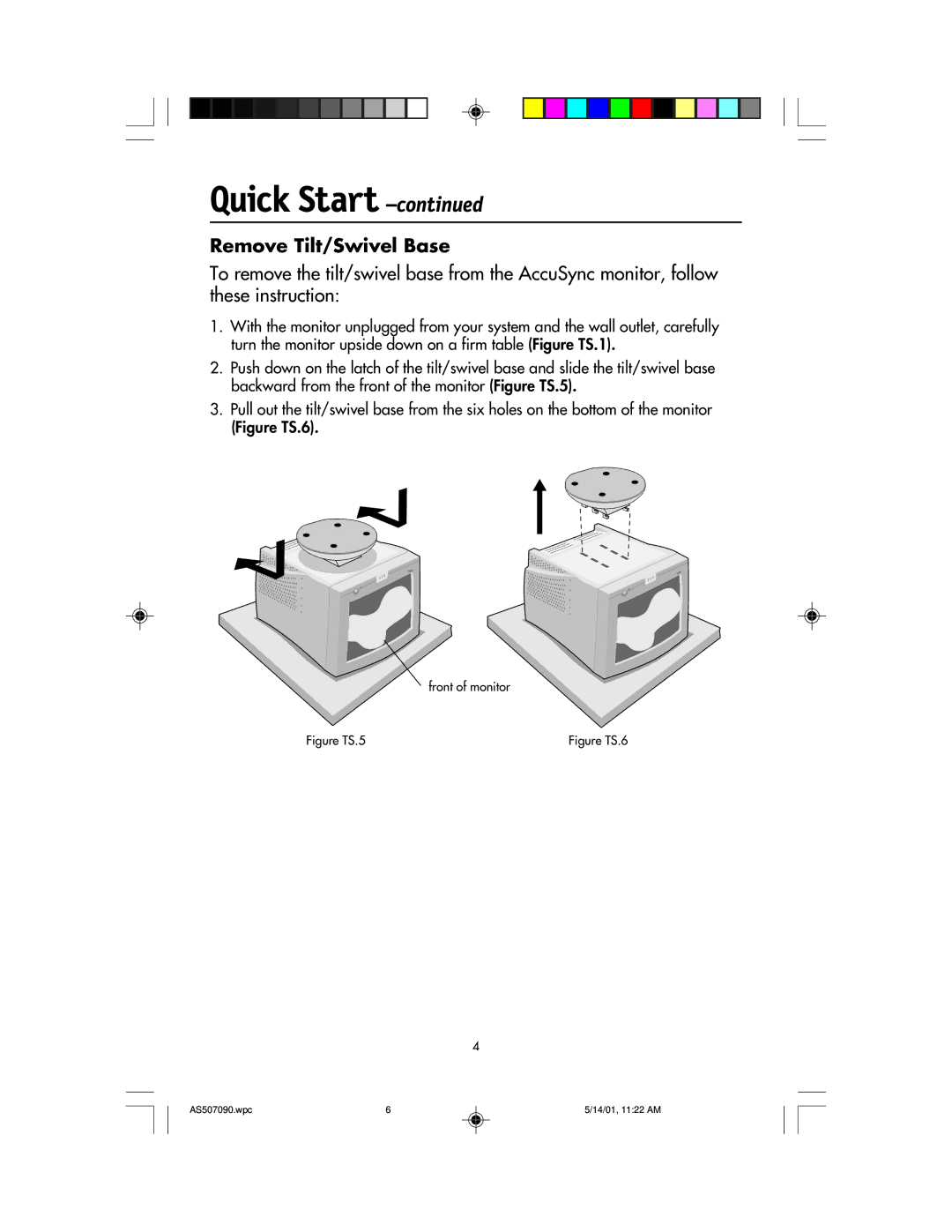 NEC AccuSync 90, AccuSync 70, AccuSync 50 user manual Remove Tilt/Swivel Base 