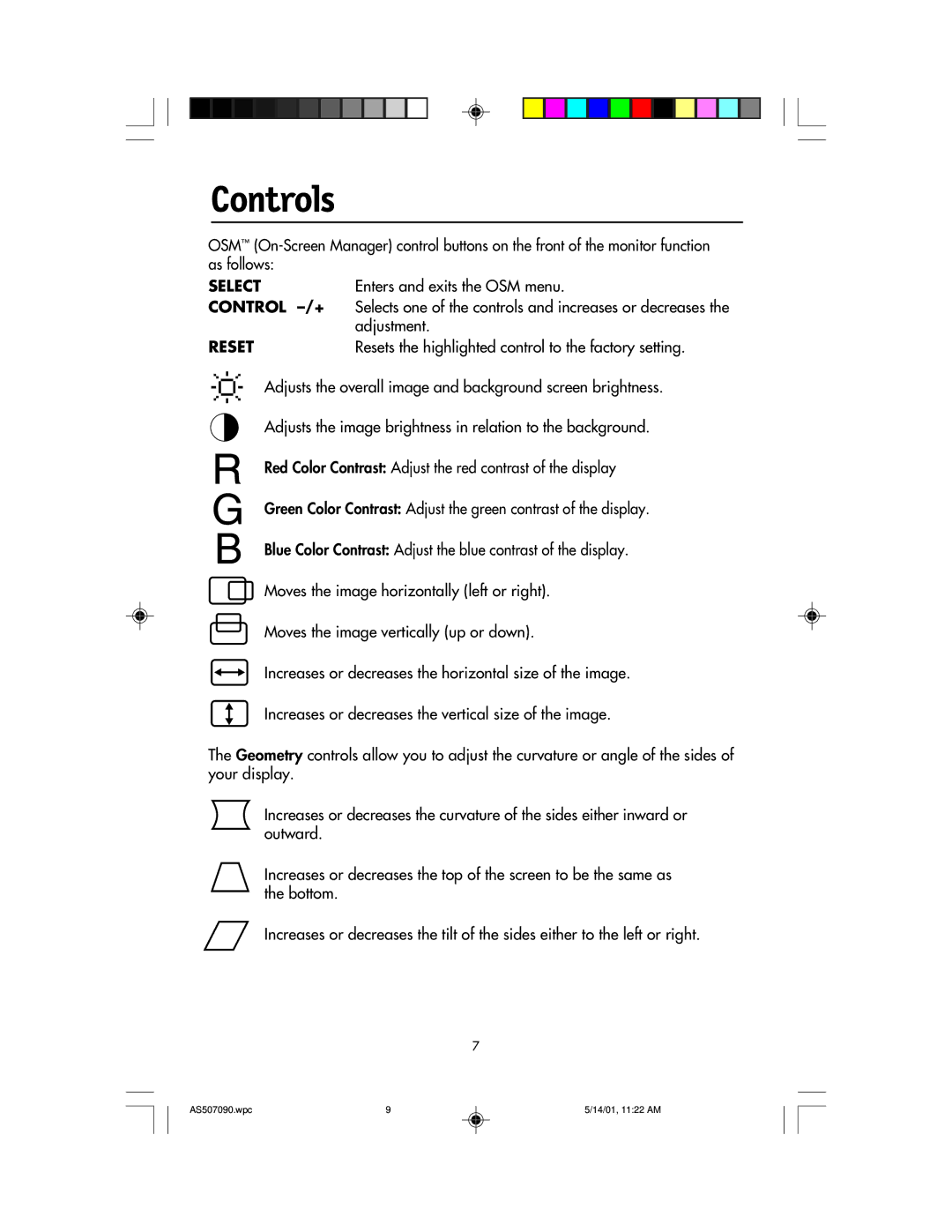 NEC AccuSync 90 Controls, Enters and exits the OSM menu, Adjustment, Resets the highlighted control to the factory setting 