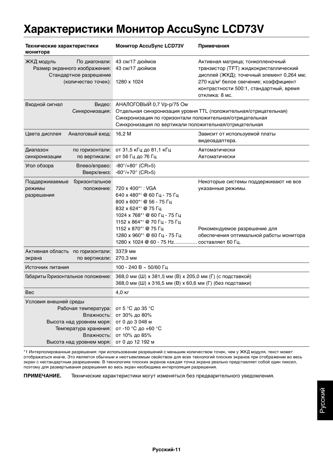 NEC ACCUSYNC LCD73V, ACCUSYNC LCD93V manual Характеристики Монитор AccuSync LCD73V, Русский-11 