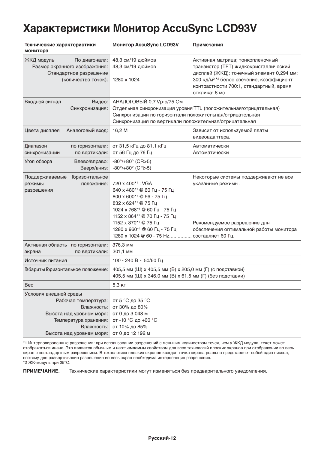 NEC ACCUSYNC LCD93V, ACCUSYNC LCD73V manual Характеристики Монитор AccuSync LCD93V, Русский-12 