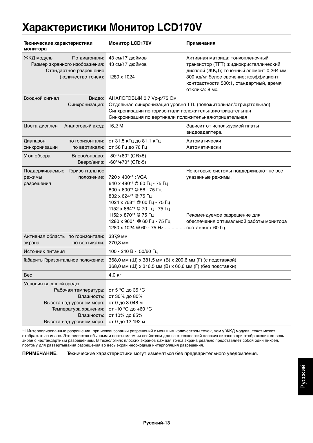 NEC ACCUSYNC LCD73V, ACCUSYNC LCD93V manual Характеристики Монитор LCD170V, Русский-13 
