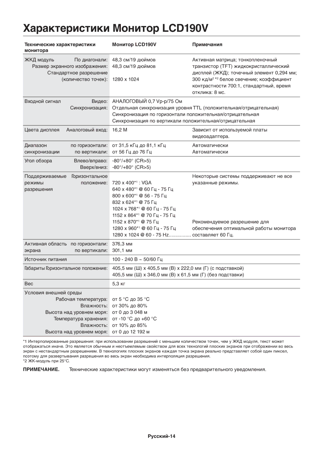 NEC ACCUSYNC LCD93V, ACCUSYNC LCD73V manual Характеристики Монитор LCD190V, Русский-14 