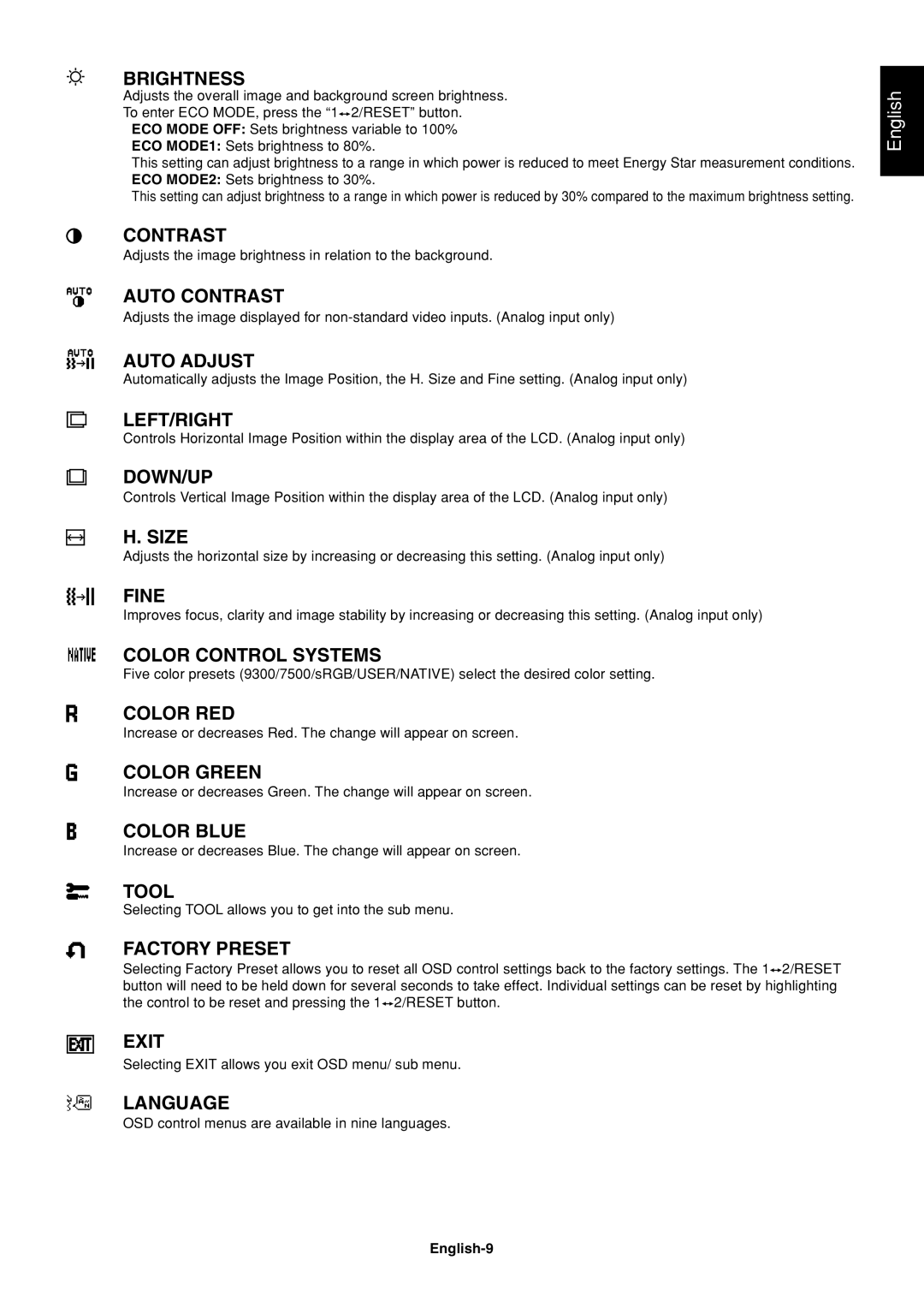 NEC AS171, AS191 user manual Brightness, English-9 