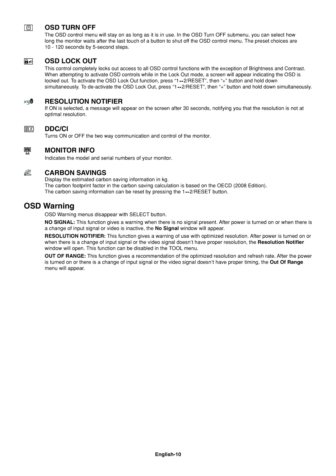 NEC AS191, AS171 user manual OSD Warning, English-10 