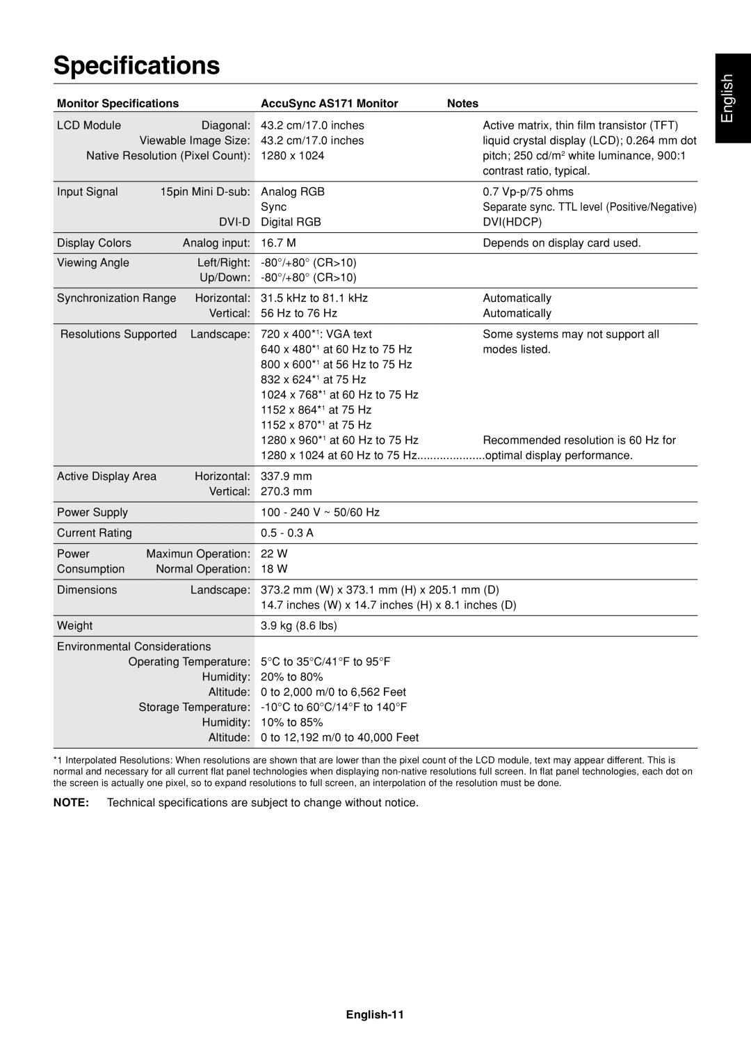 NEC AS191 user manual Monitor Specifications AccuSync AS171 Monitor, English-11 