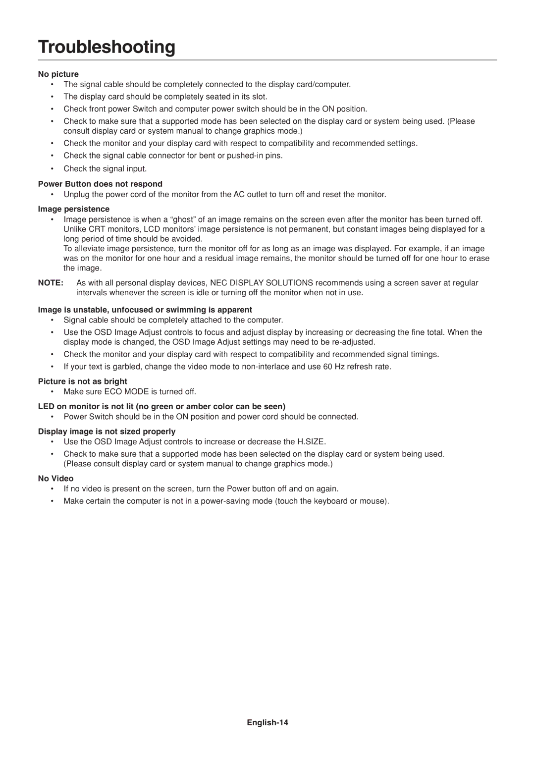 NEC AS191, AS171 user manual Troubleshooting 