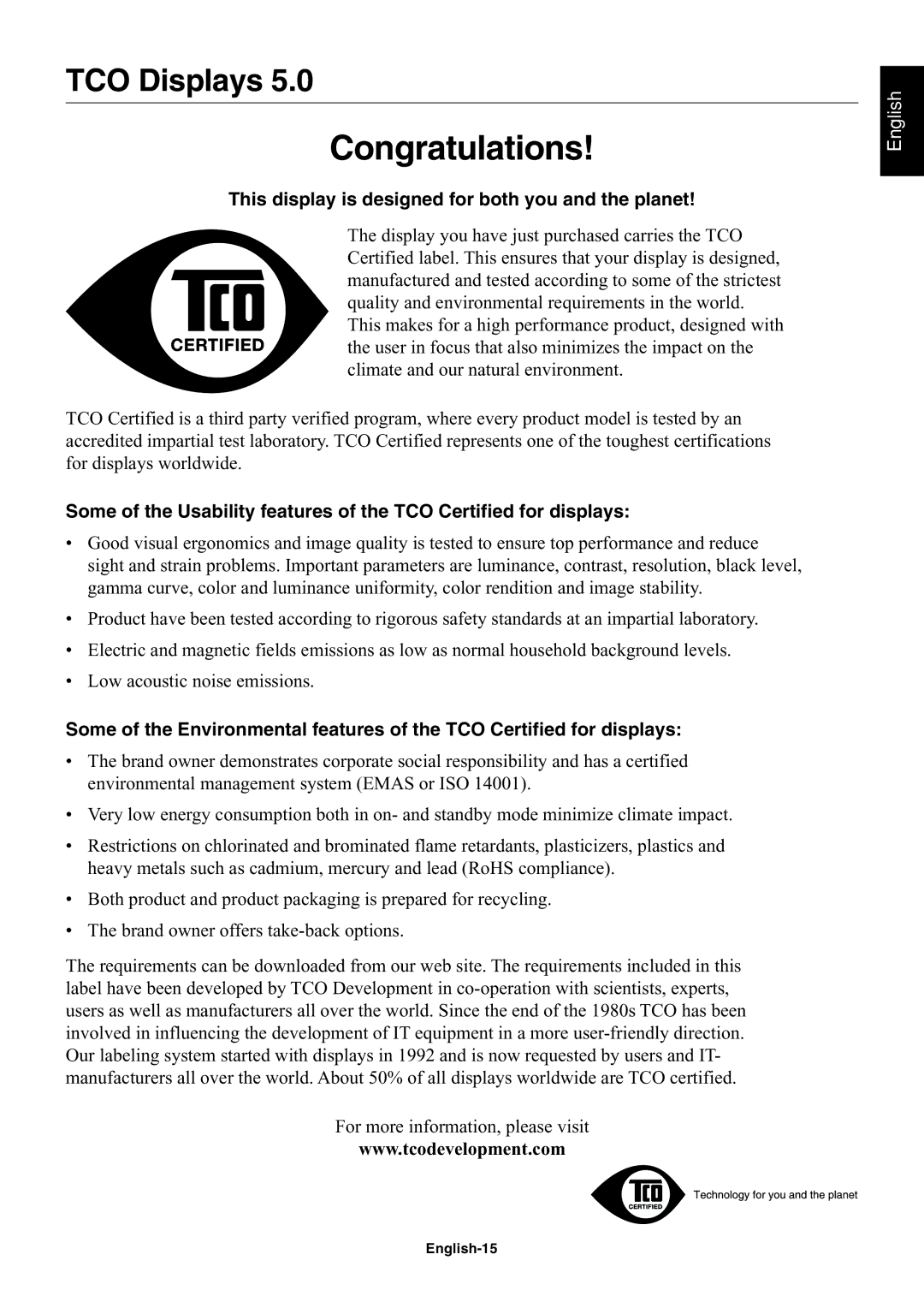 NEC AS171, AS191 user manual TCO Displays, This display is designed for both you and the planet, English-15 