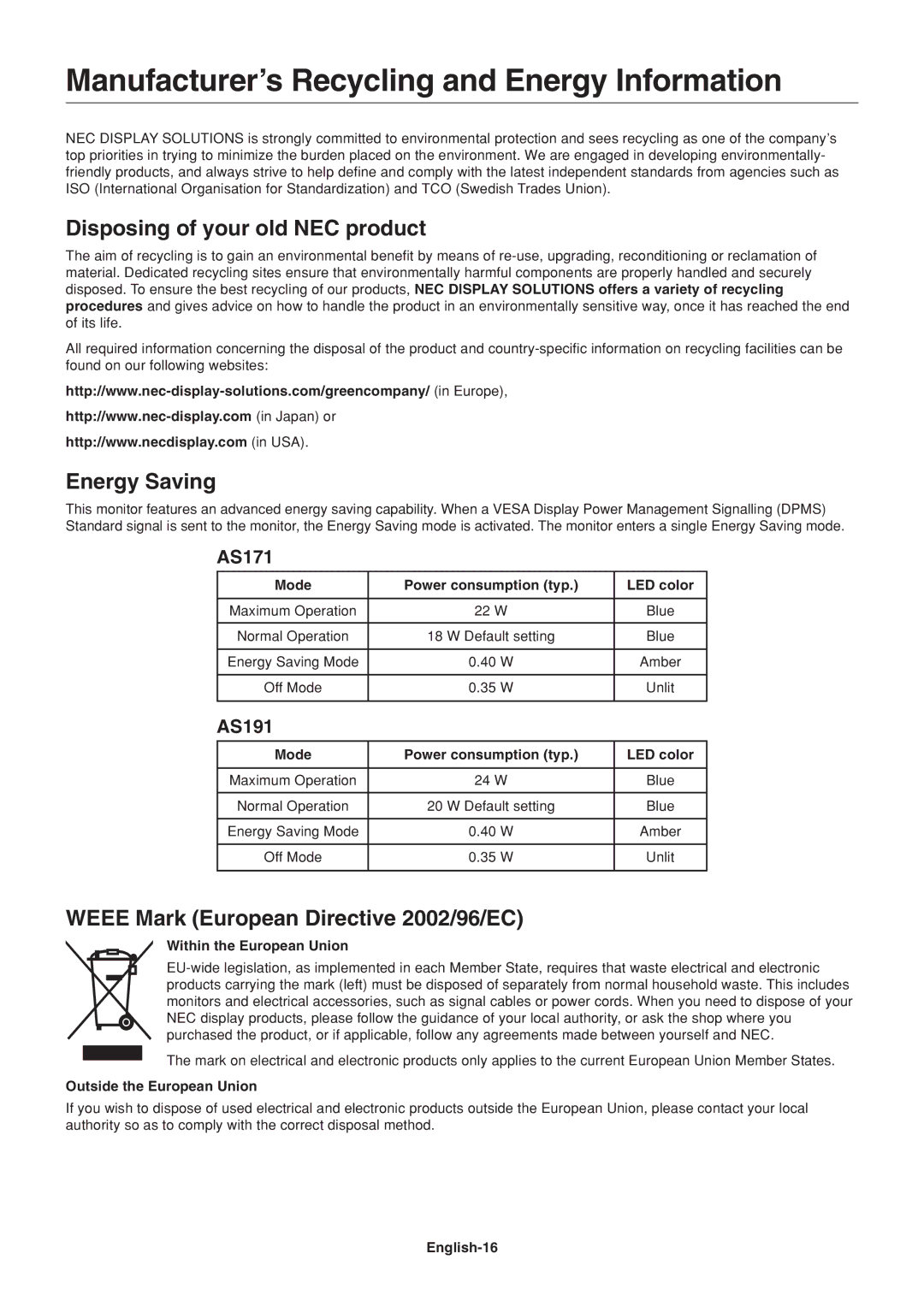 NEC AS191, AS171 Manufacturer’s Recycling and Energy Information, Disposing of your old NEC product, Energy Saving 