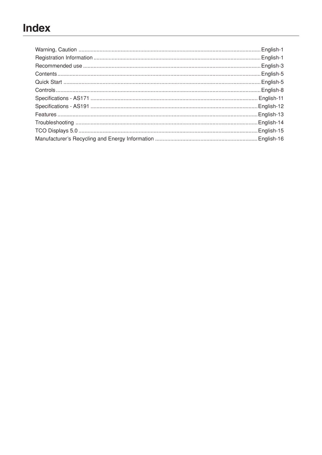 NEC AS191, AS171 user manual Index, English-16 