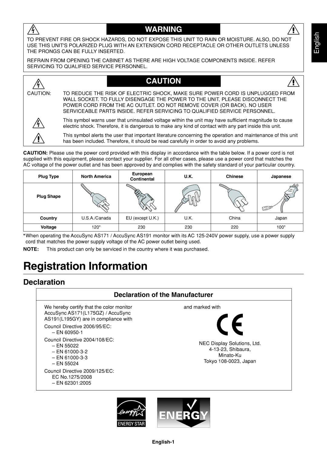 NEC AS171, AS191 user manual Registration Information, Declaration of the Manufacturer, English-1 