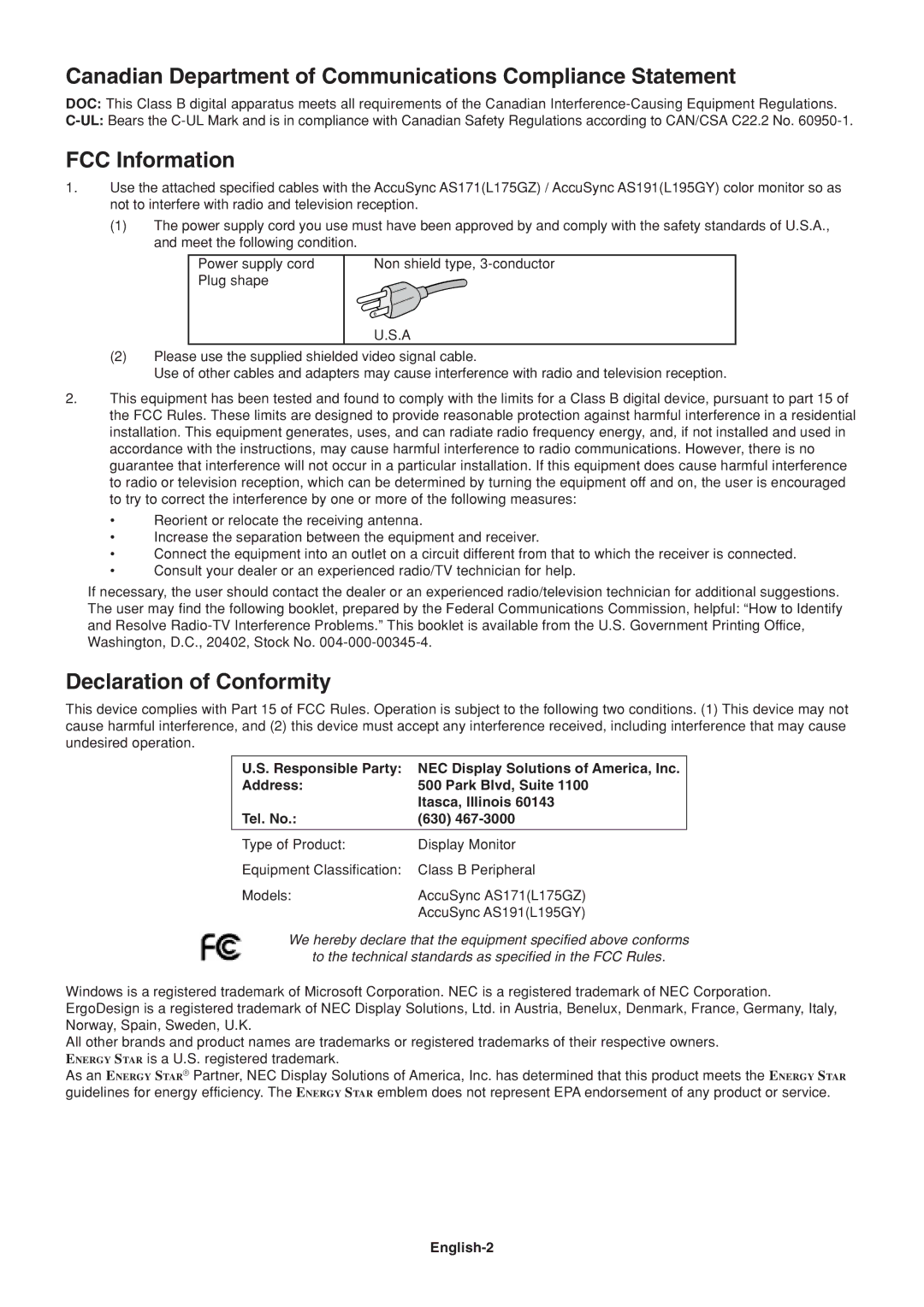 NEC AS191, AS171 Canadian Department of Communications Compliance Statement, FCC Information, Declaration of Conformity 