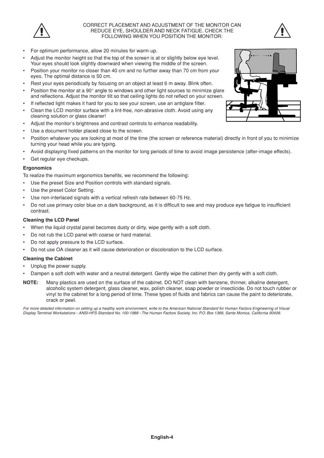 NEC AS191, AS171 user manual Ergonomics, Cleaning the LCD Panel, Cleaning the Cabinet, English-4 