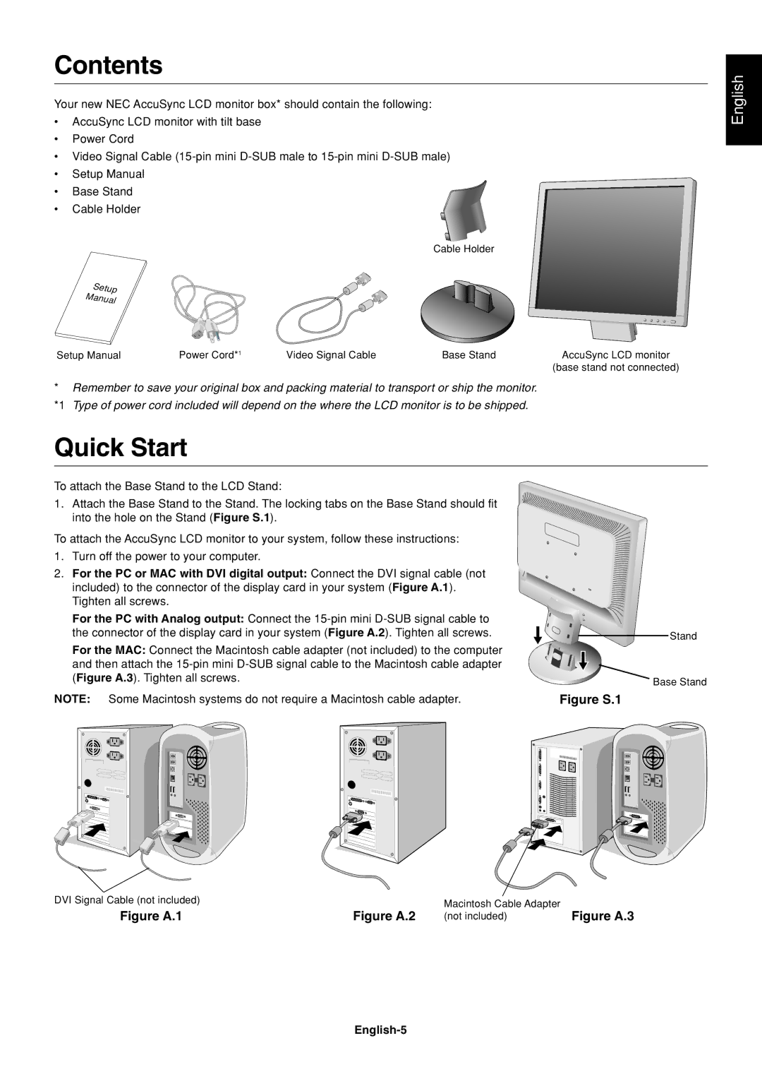 NEC AS171, AS191 user manual Contents, Quick Start 