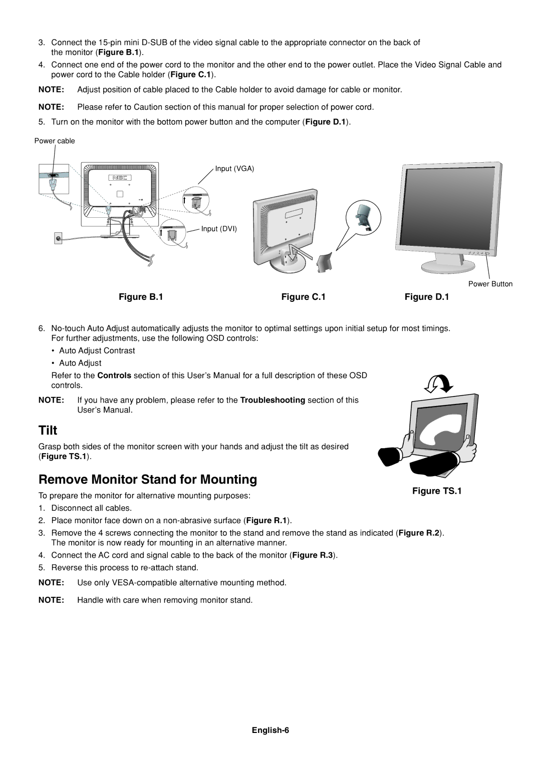 NEC AS191, AS171 user manual Tilt, Remove Monitor Stand for Mounting, English-6 