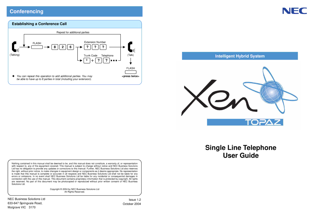 NEC AT-21 warranty Conferencing, Establishing a Conference Call, Extension Number, Talking Trunk Code Telephone 