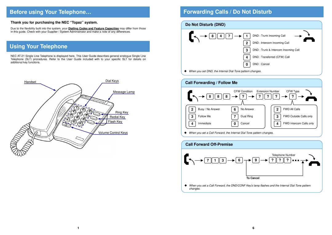 NEC AT-21 warranty Before using Your Telephone…, Using Your Telephone, Forwarding Calls / Do Not Disturb 