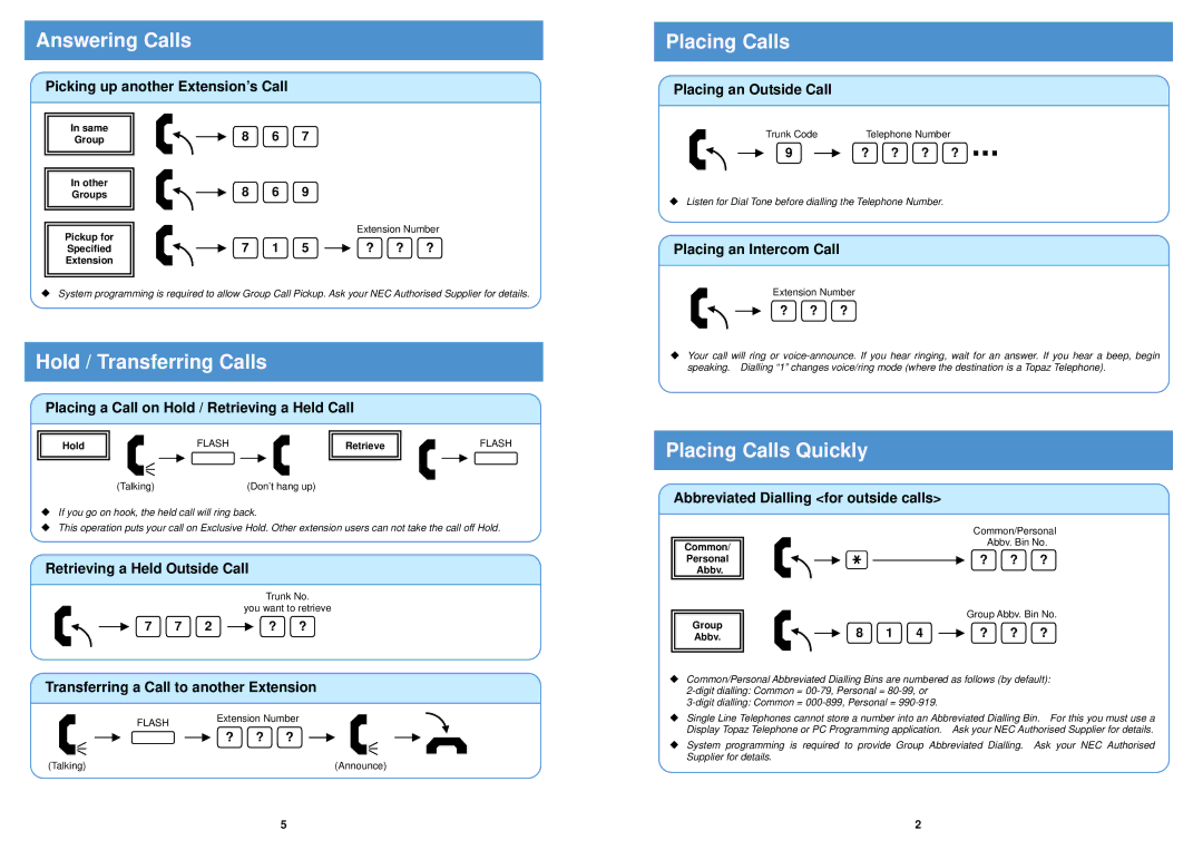 NEC AT-21 warranty Answering Calls, Hold / Transferring Calls, Placing Calls Quickly 