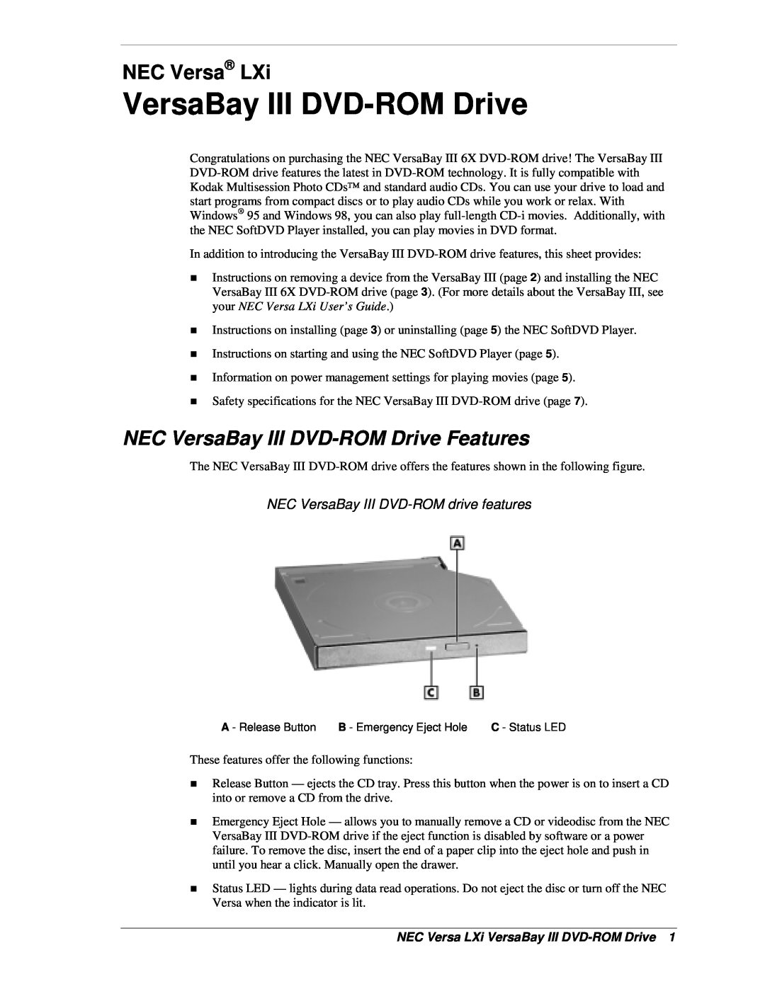 NEC LXI specifications NEC VersaBay III DVD-ROM Drive Features, NEC VersaBay III DVD-ROM drive features, NEC Versa LXi 