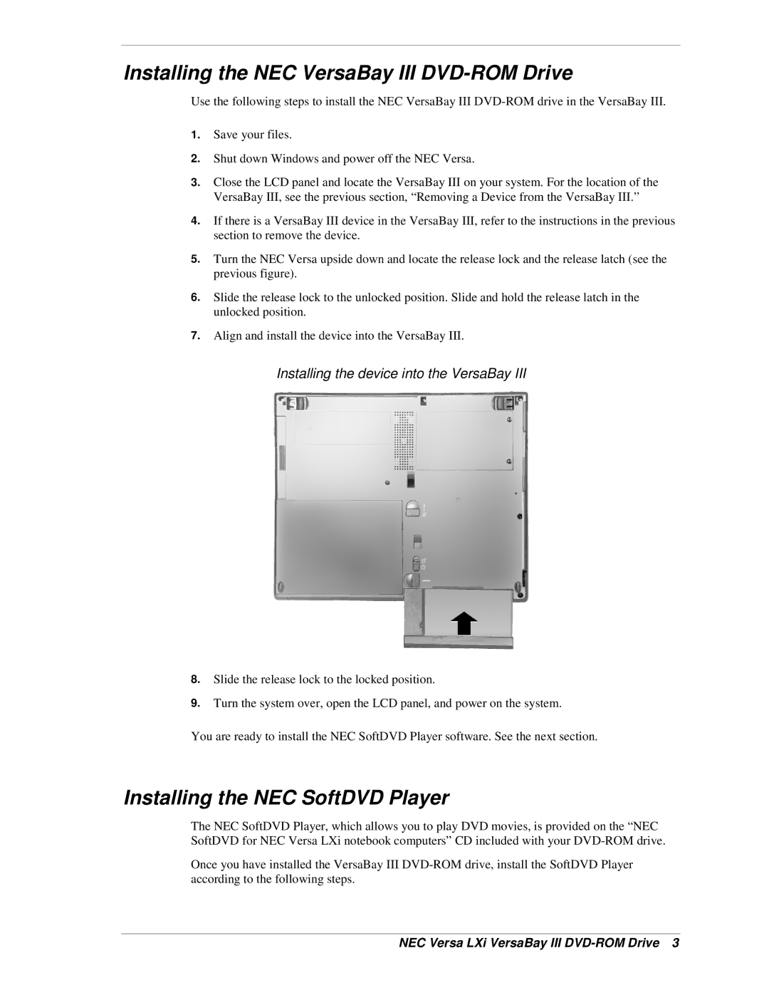 NEC LXI, BAY III specifications Installing the NEC VersaBay III DVD-ROM Drive, Installing the NEC SoftDVD Player 