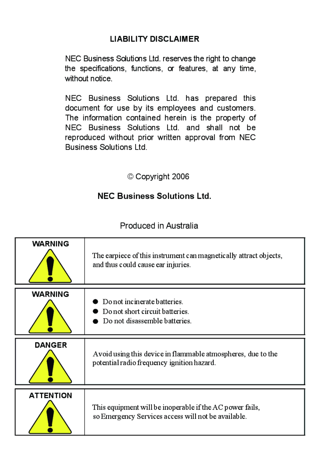 NEC C944 manual Produced in Australia 