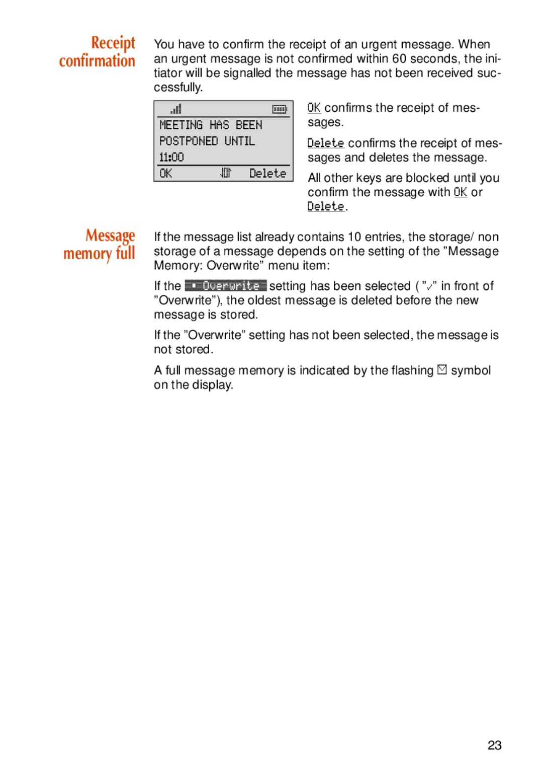 NEC C944 manual Receipt confirmation, Message memory full 