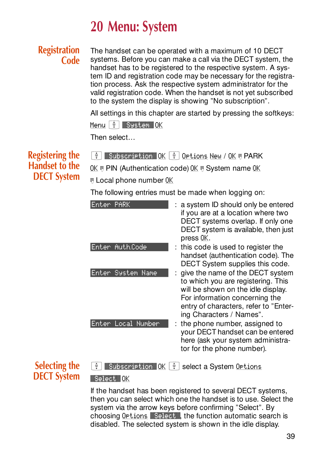 NEC C944 manual Menu System, Registering Handset to 