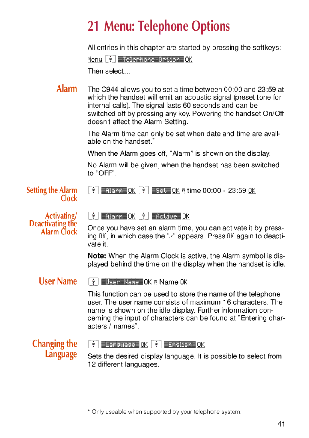 NEC C944 manual Menu Telephone Options, User Name, Activating Deactivating Alarm Clock, Changing the Language 