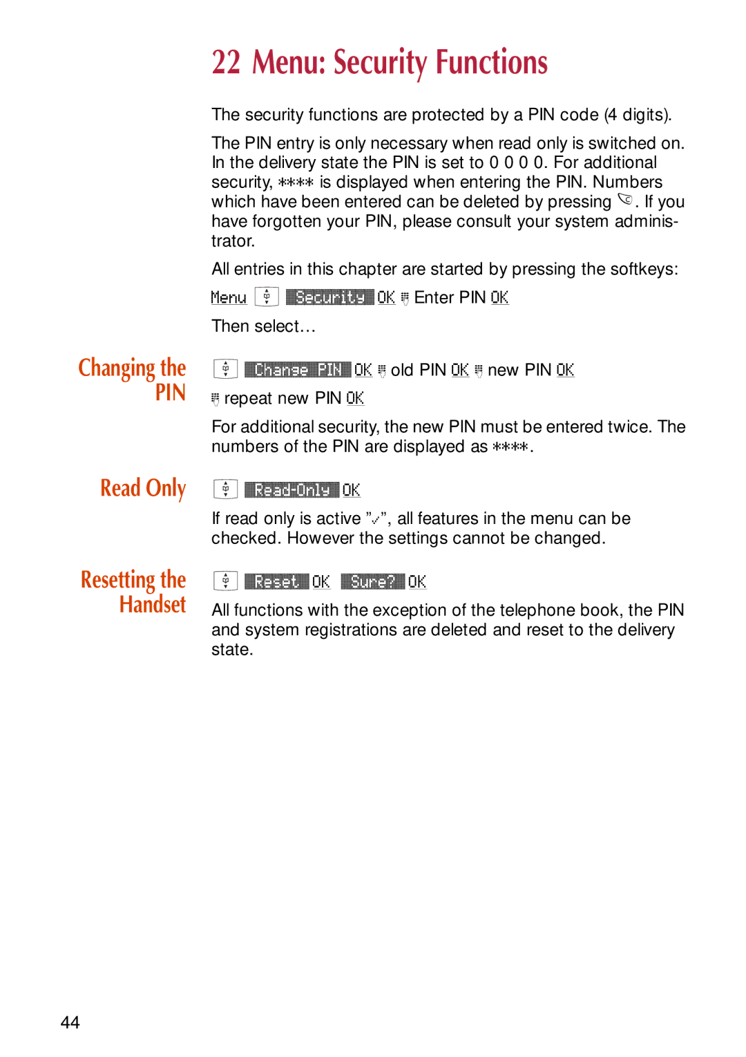 NEC C944 manual Menu Security Functions, Changing, Read Only, Resetting the Handset 