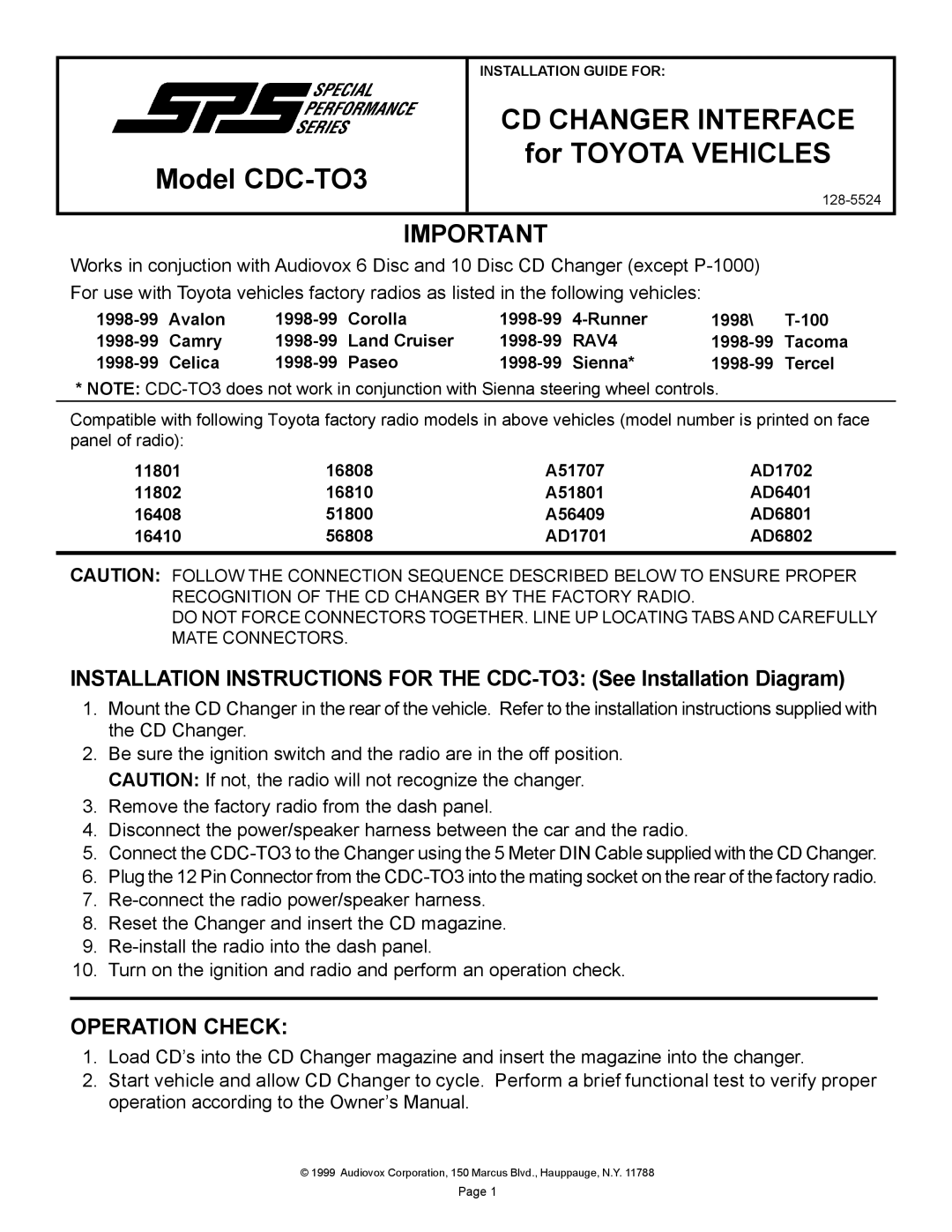 NEC installation instructions CD Changer Interface, For Toyota Vehicles Model CDC-TO3, Operation Check, RAV4 