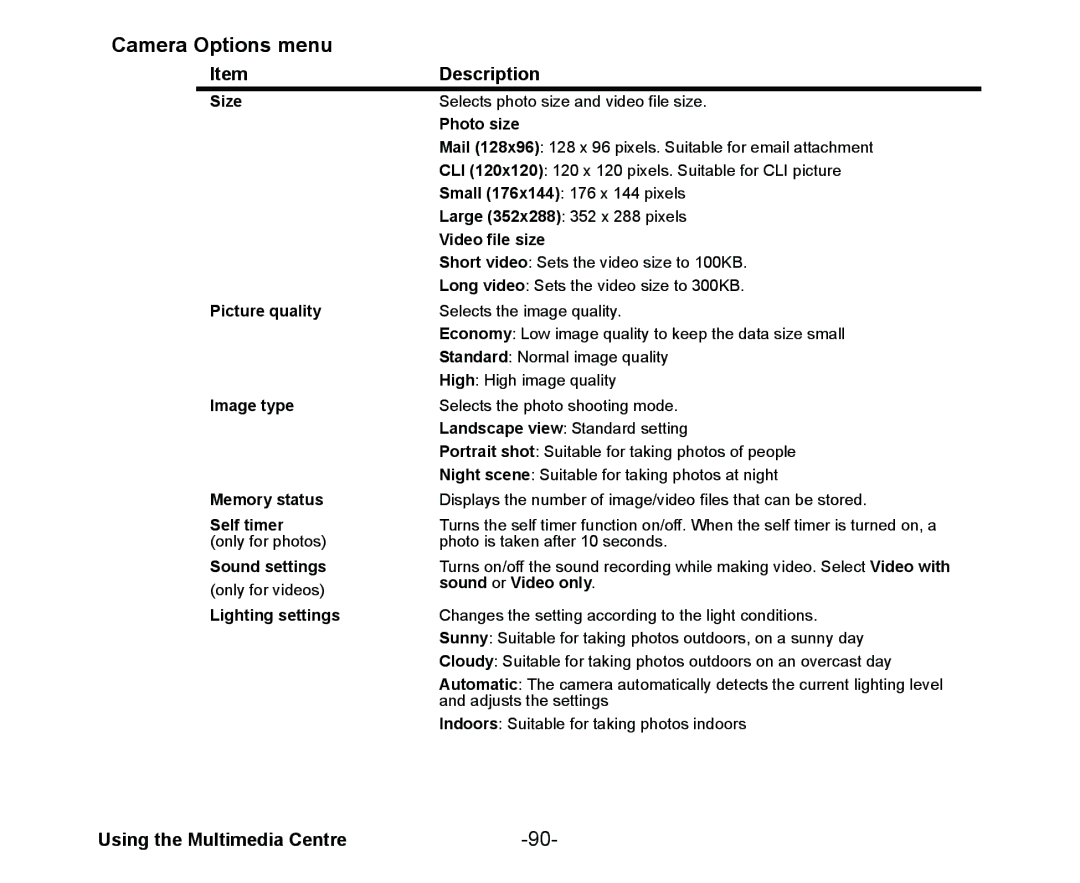 NEC Cell Phone manual Camera Options menu 