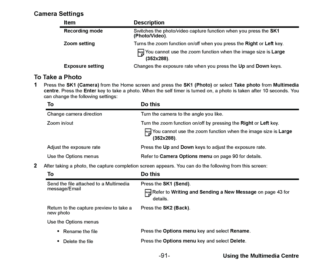 NEC Cell Phone manual Camera Settings, To Take a Photo, Refer to Writing and Sending a New Message on page 43 for 