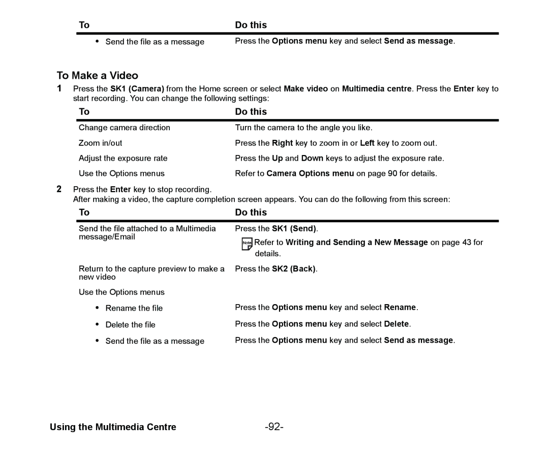 NEC Cell Phone manual To Make a Video, Press the Options menu key and select Send as message 