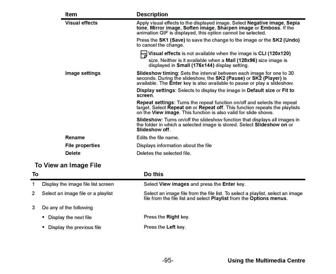 NEC Cell Phone manual To View an Image File, Visual effects, Image settings, Screen, Slideshow off 