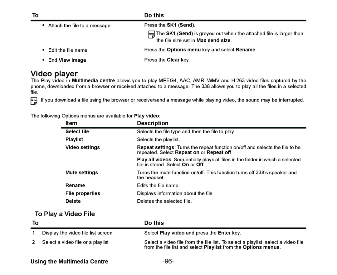 NEC Cell Phone manual Video player, To Play a Video File, End View image, Video settings, Mute settings 