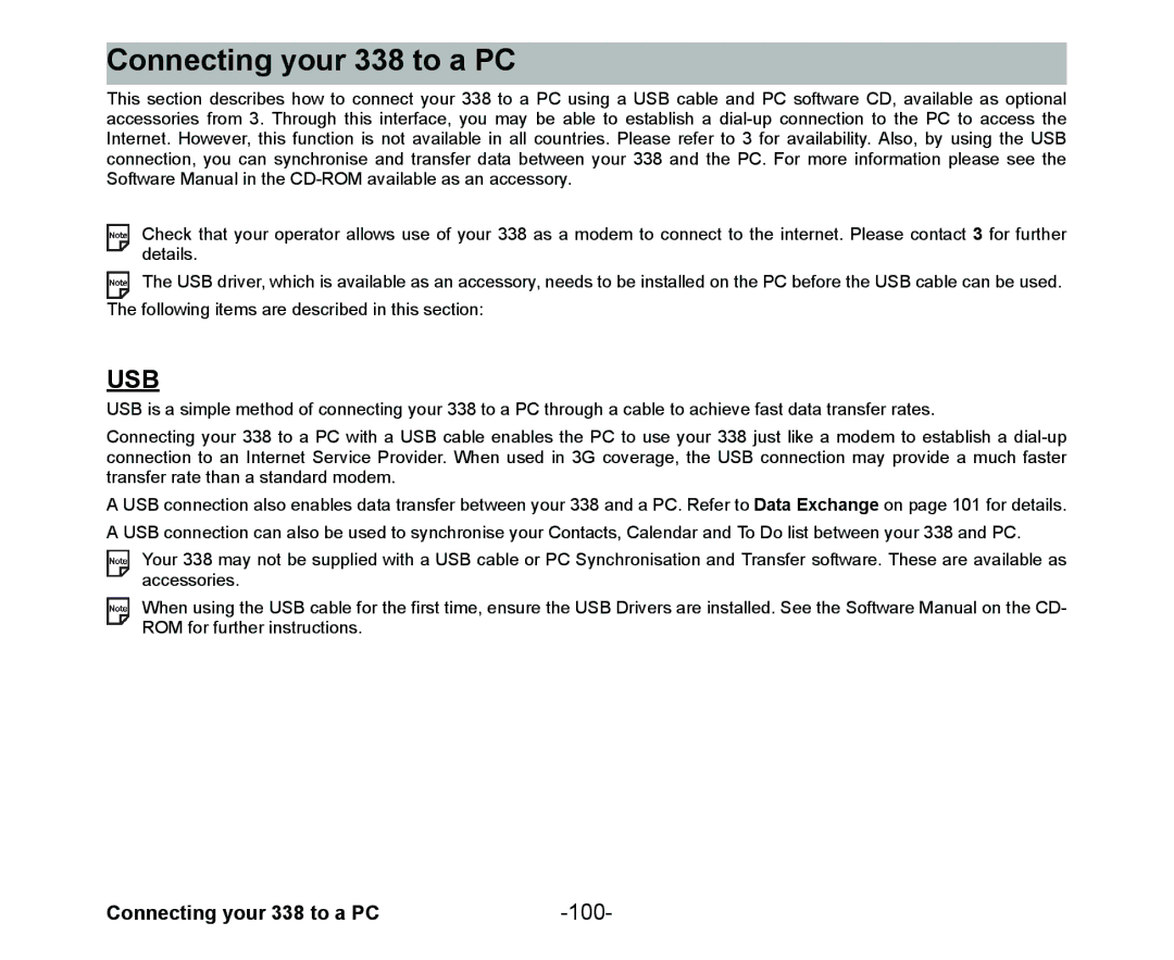 NEC Cell Phone manual Connecting your 338 to a PC, 100 