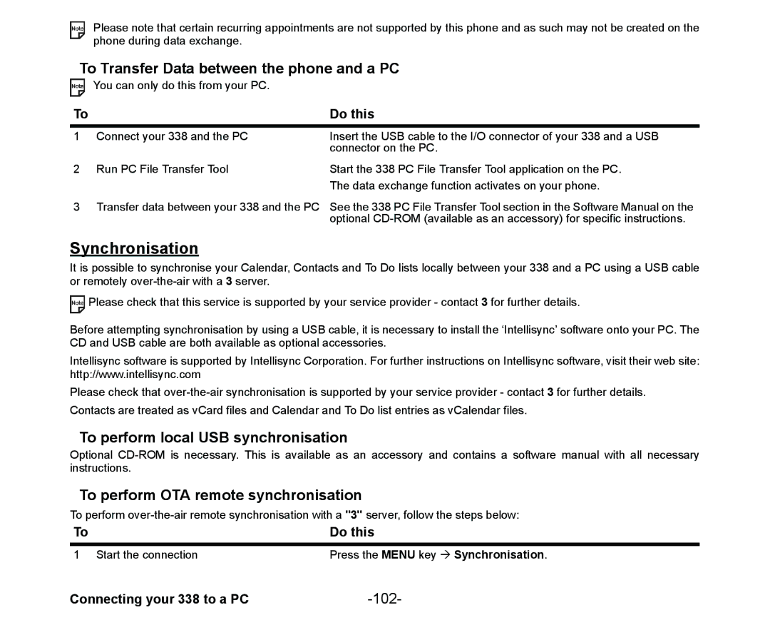 NEC Cell Phone manual To Transfer Data between the phone and a PC, To perform local USB synchronisation, 102 