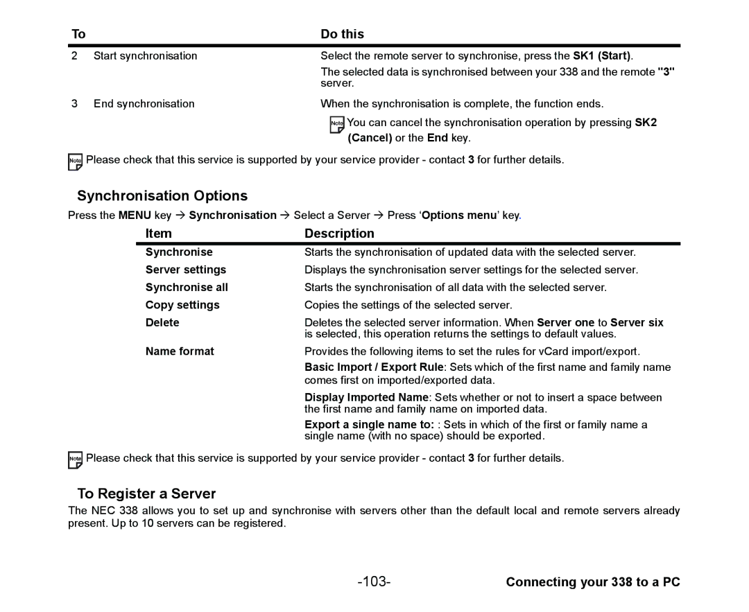 NEC Cell Phone manual Synchronisation Options, To Register a Server, 103 