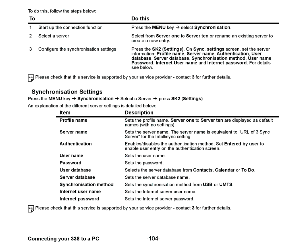 NEC Cell Phone manual Synchronisation Settings, 104 