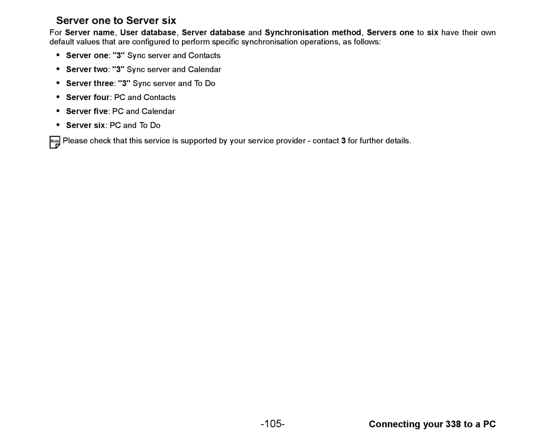 NEC Cell Phone manual Server one to Server six, 105 