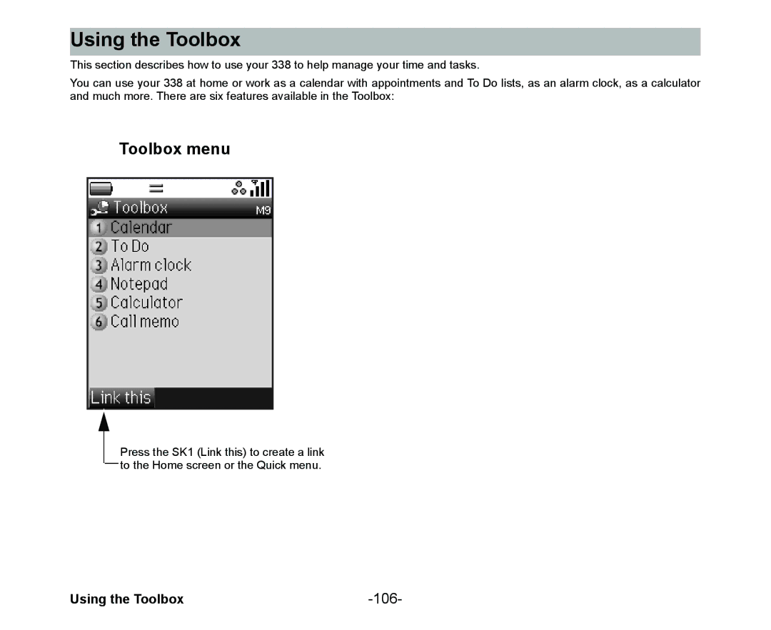 NEC Cell Phone manual Using the Toolbox, Toolbox menu, 106 