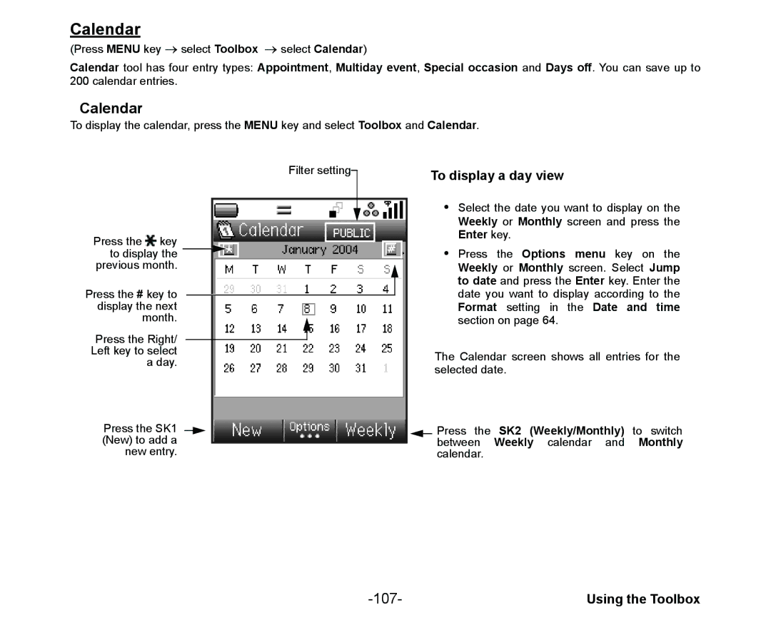 NEC Cell Phone manual To display a day view, 107, Toolbox and Calendar 