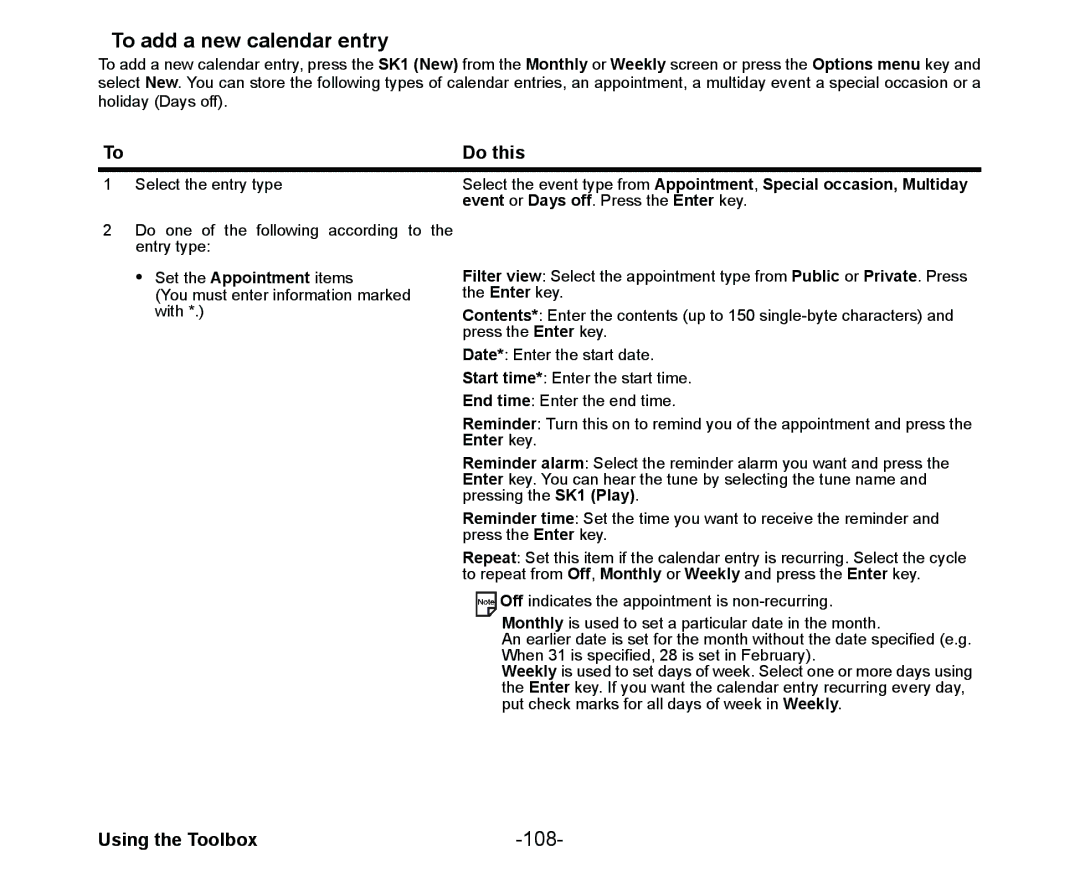 NEC Cell Phone manual To add a new calendar entry, 108 