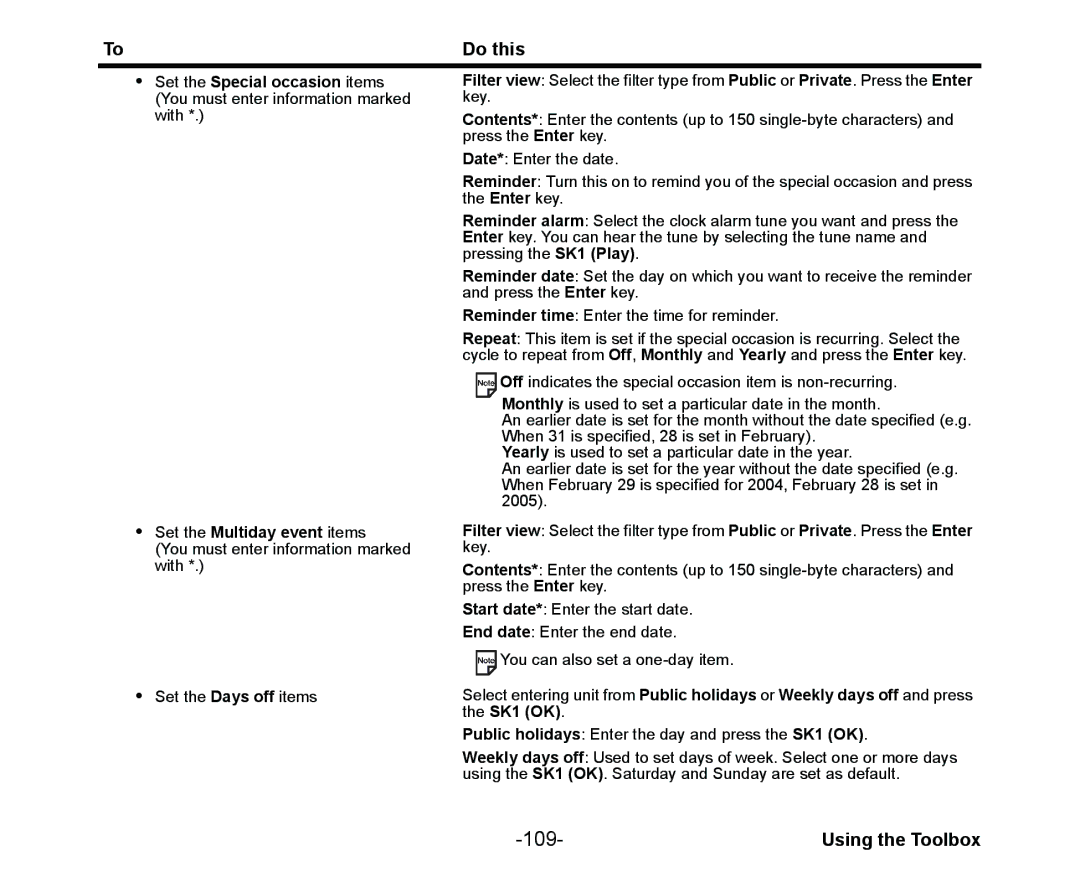 NEC Cell Phone manual 109, Set the Special occasion items, Set the Multiday event items 