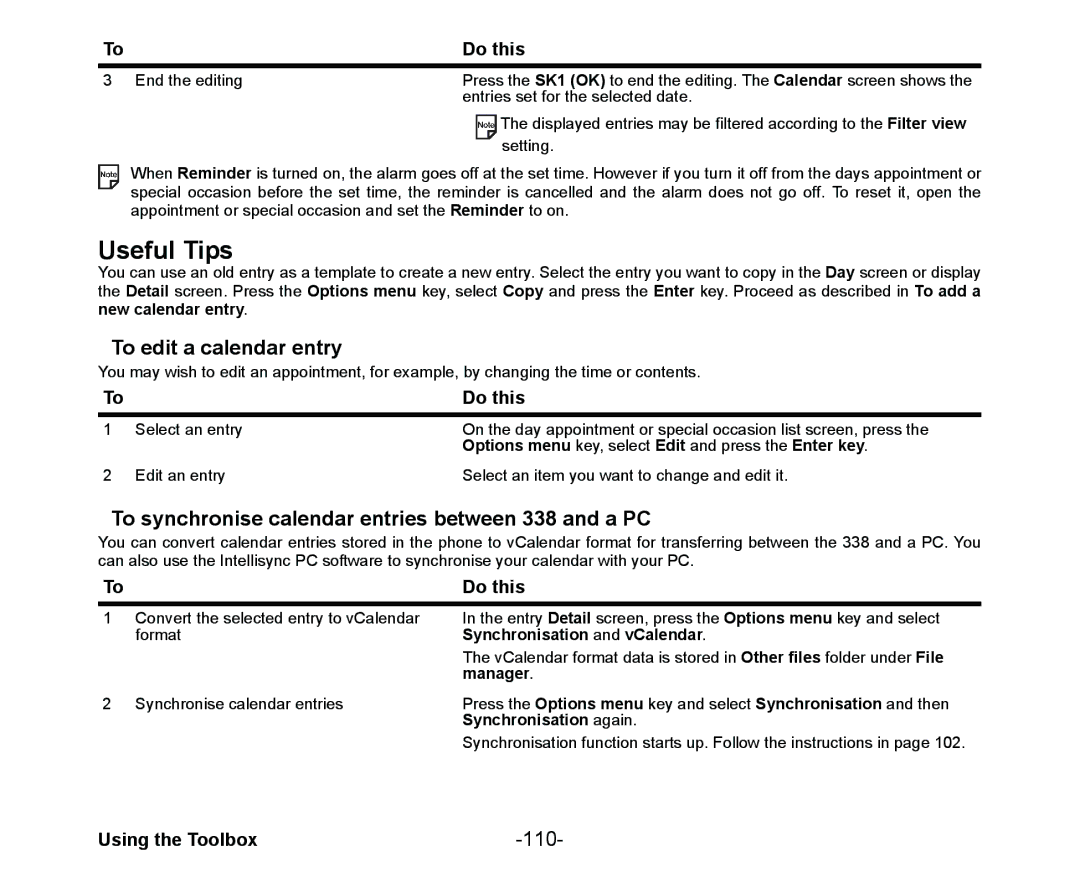 NEC Cell Phone To edit a calendar entry, To synchronise calendar entries between 338 and a PC, 110, Synchronisation again 