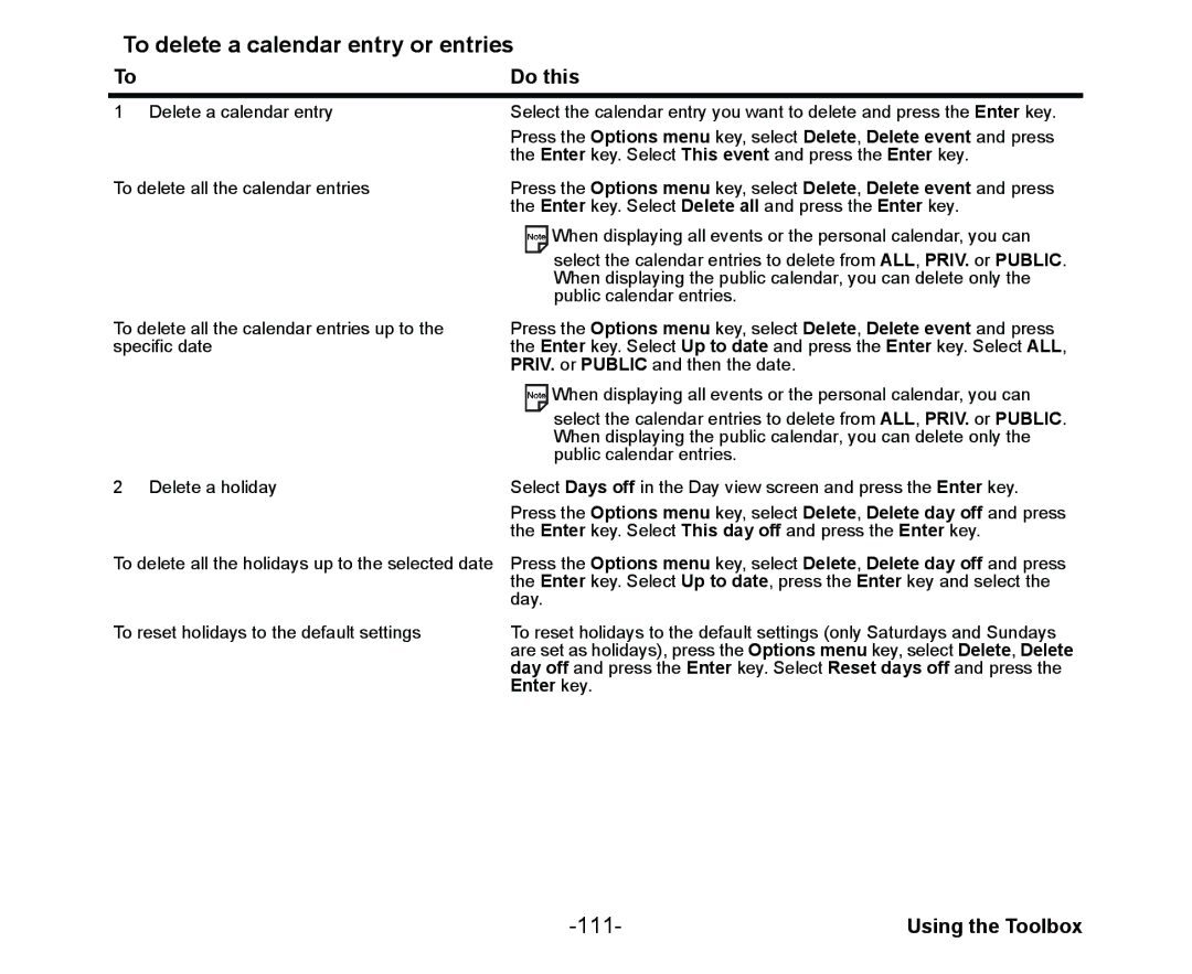 NEC Cell Phone manual To delete a calendar entry or entries, 111 