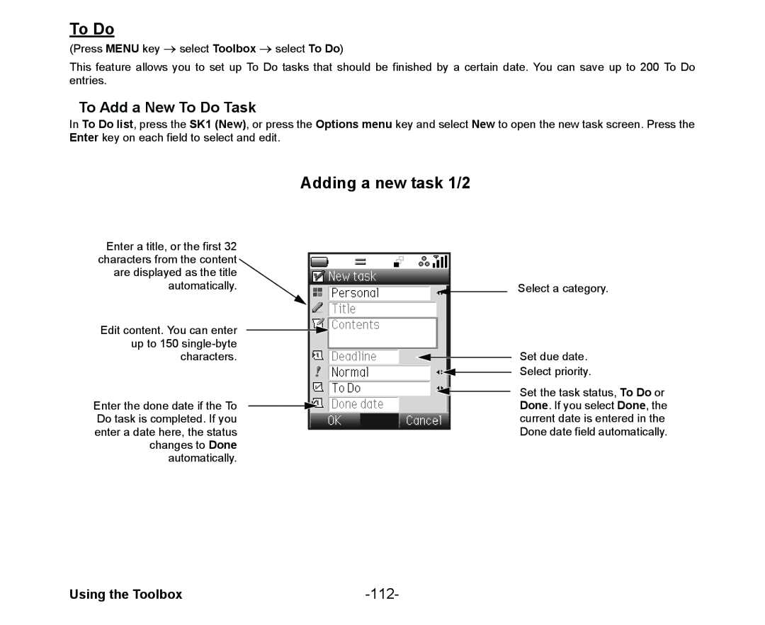 NEC Cell Phone manual Adding a new task 1/2, To Add a New To Do Task, 112 