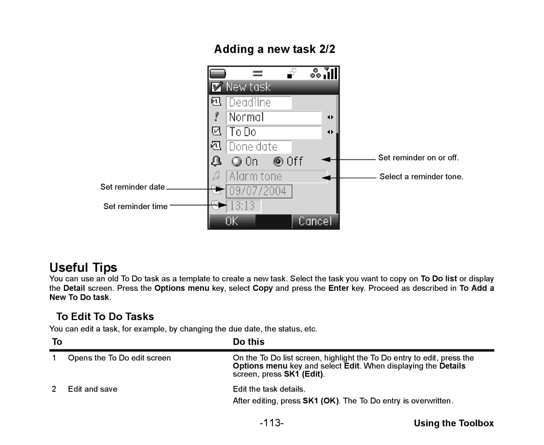 NEC Cell Phone manual Adding a new task 2/2, To Edit To Do Tasks, 113 