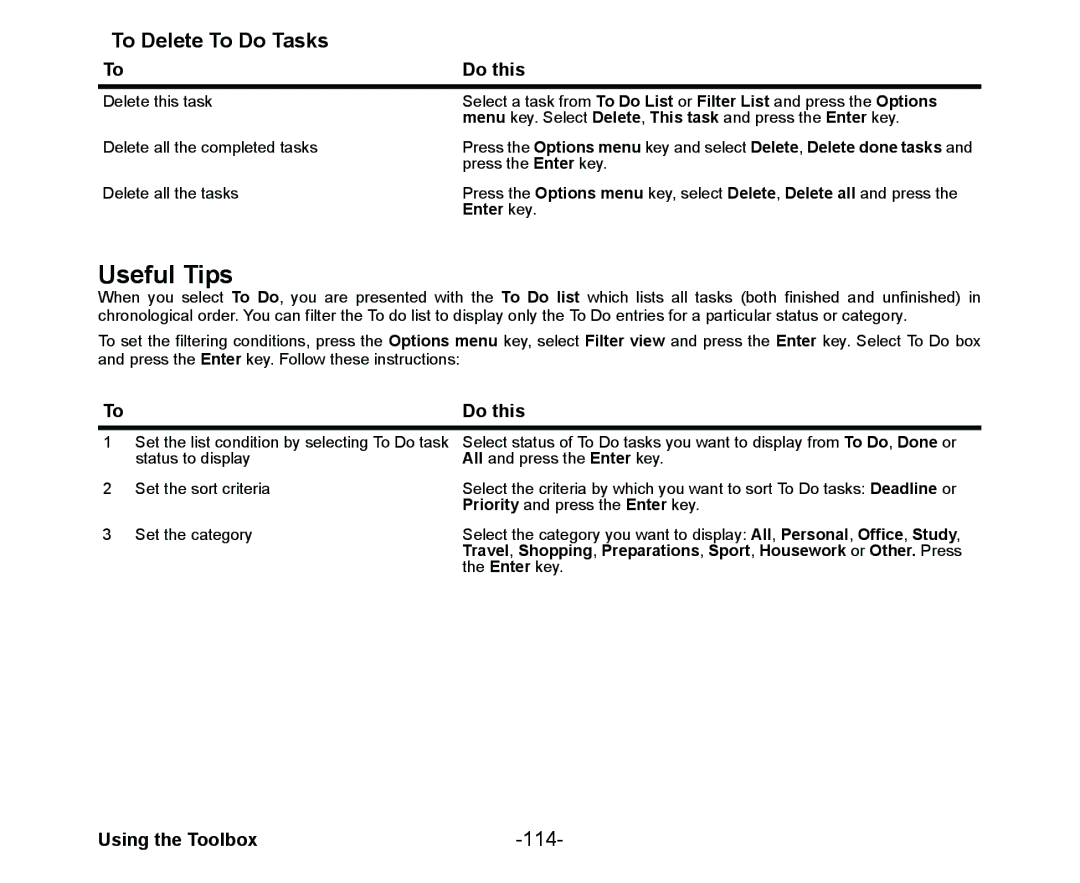 NEC Cell Phone manual To Delete To Do Tasks, 114 