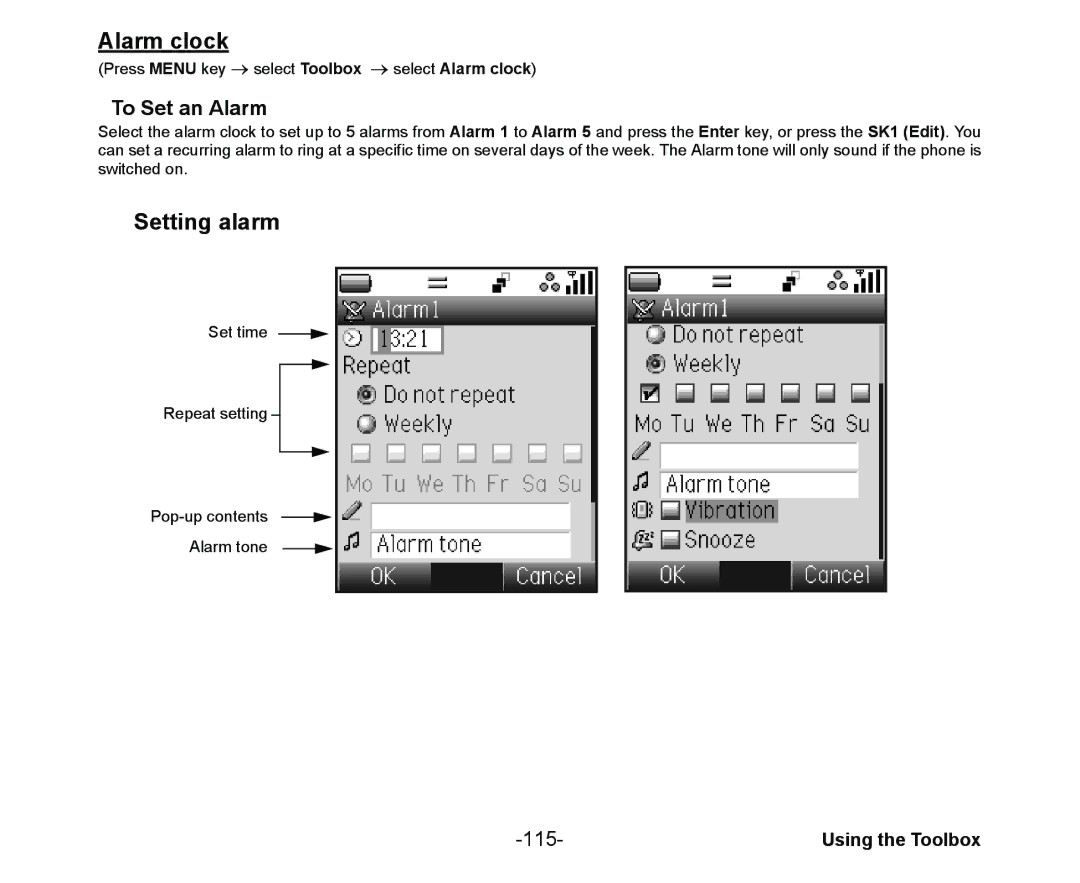 NEC Cell Phone manual Alarm clock, Setting alarm, To Set an Alarm, 115 